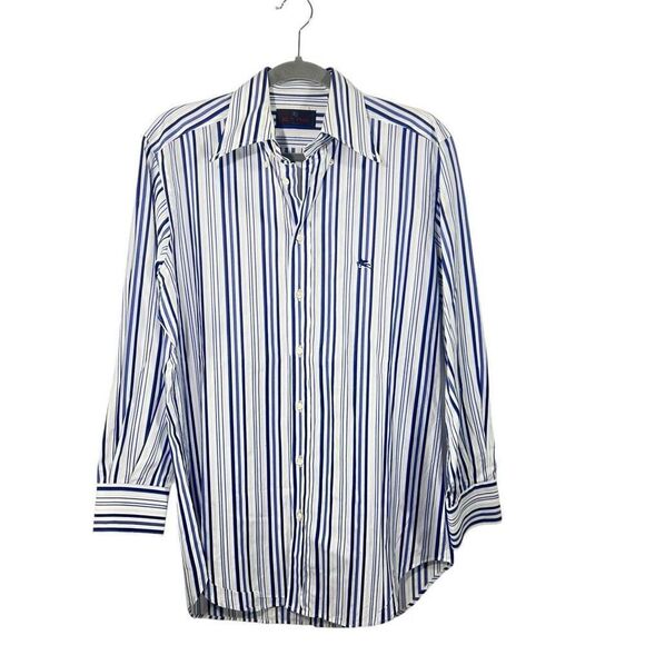 ETRO Men’s Button Down Shirt Stripe Collar in White & Blue Long Sleeve Size 39IT - Picture 1 of 13